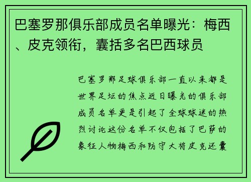 巴塞罗那俱乐部成员名单曝光：梅西、皮克领衔，囊括多名巴西球员