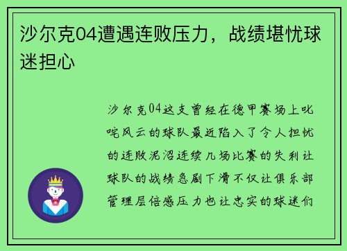 沙尔克04遭遇连败压力，战绩堪忧球迷担心