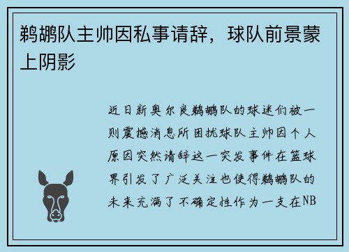 鹈鹕队主帅因私事请辞，球队前景蒙上阴影